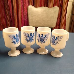 Milk Glass White and Blue Drinkware Set with Pedestal Design